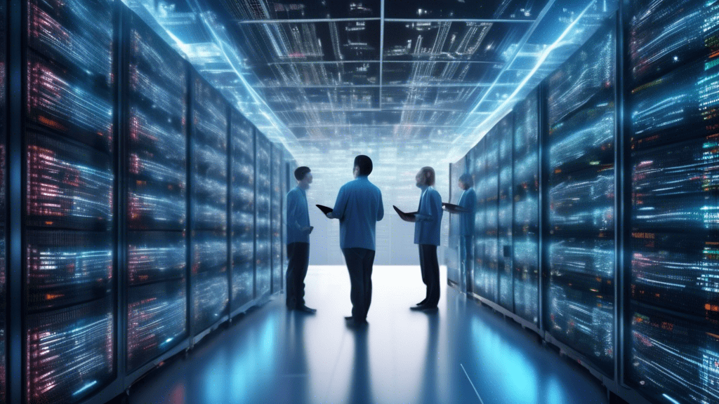 Create an image depicting a vast data center with rows of servers, each labeled with different language names (e.g., English, Mandarin, Spanish). In the foreground, show a group of researchers studyin