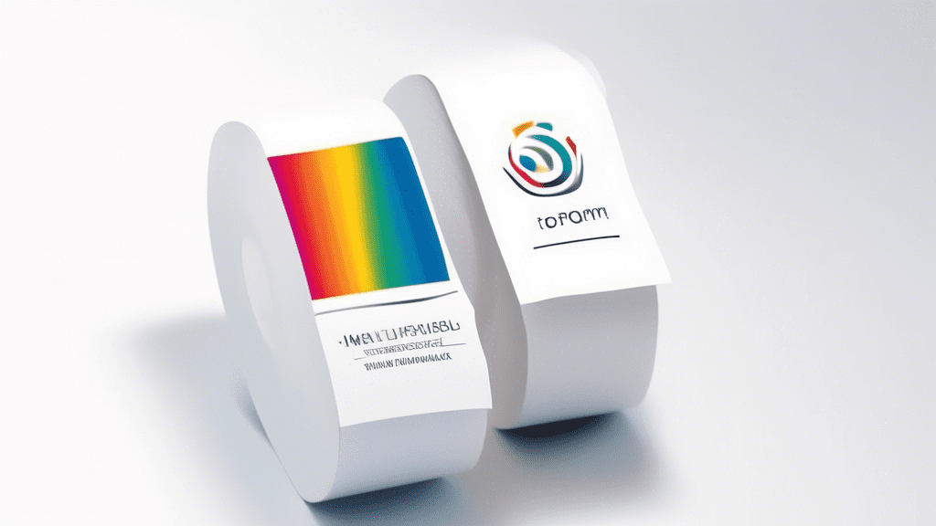A plain white label being applied to a product with a company logo faintly visible underneath.
