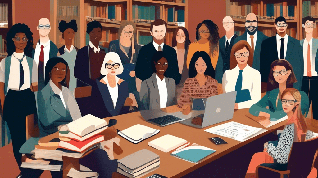 Create an image showing a diverse group of people, including various ages, ethnicities, and professional backgrounds, gathered around a table filled with law books, laptops, and legal documents. Some