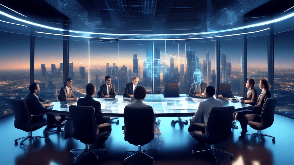 Create an image depicting a futuristic conference room where diverse business executives, AI developers, and legal experts are discussing the ownership of an advanced language model called Falcon LLM.