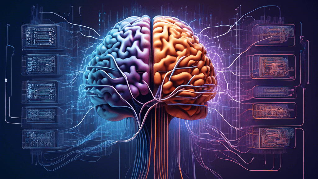 Create a detailed illustration showing a large language model (LLM) represented as a digital brain, connected to multiple GPUs. Show the GPUs working together, emitting beams of data into the LLM, sym