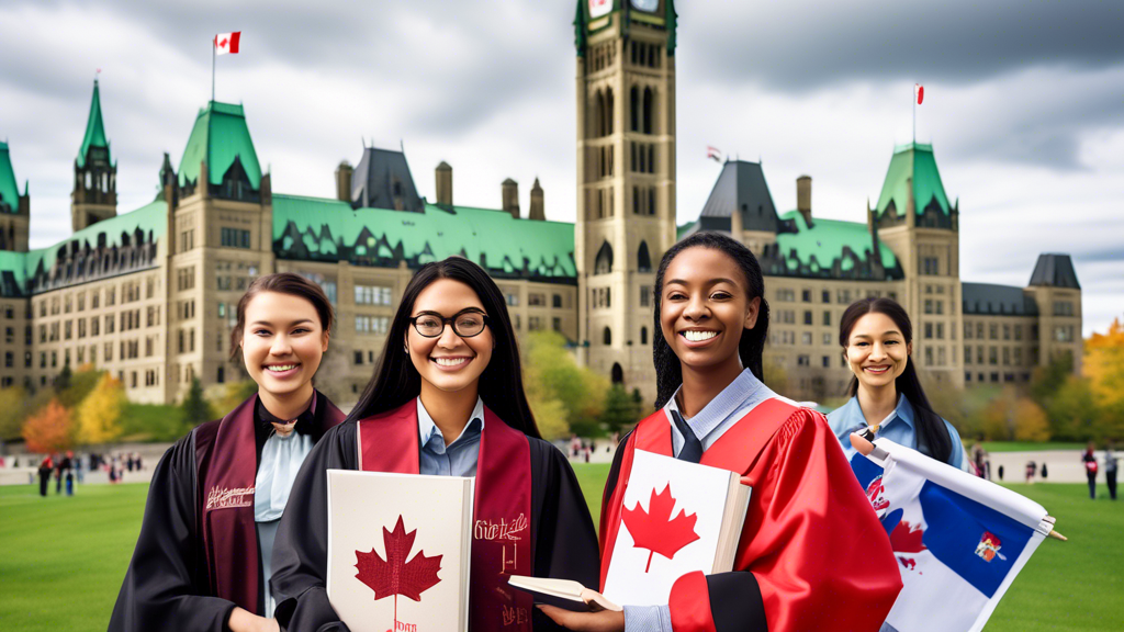 Create an image depicting a diverse group of international students in academic regalia, holding law books, and smiling in front of an iconic Canadian landmark like the Parliament Hill in Ottawa. In t