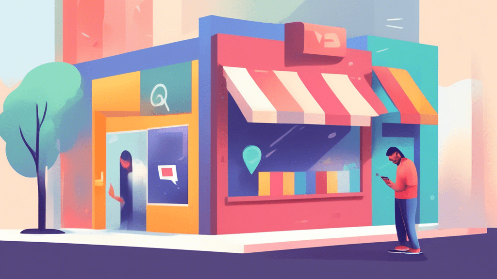 A storefront with a faded Google Maps location pin icon and a confused customer looking at their phone.