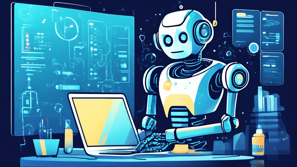 Create an illustration showing a friendly and futuristic AI janitor (represented as a robot or a piece of software) cleaning up data and organizing files. The background could be a sleek, high-tech en