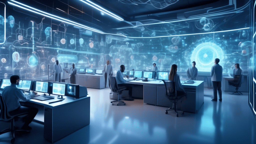 Create an image depicting a futuristic, high-tech research lab where advanced artificial intelligence systems are being developed. The central focus should be a state-of-the-art computer with a hologr