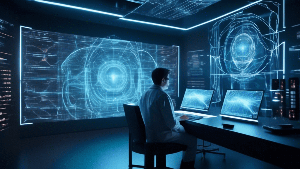 A futuristic scene where a scientist is analyzing a large, glowing neural network hologram. The hologram's nodes and connections start to flatten out, symbolizing the plateau. In the background, a gra