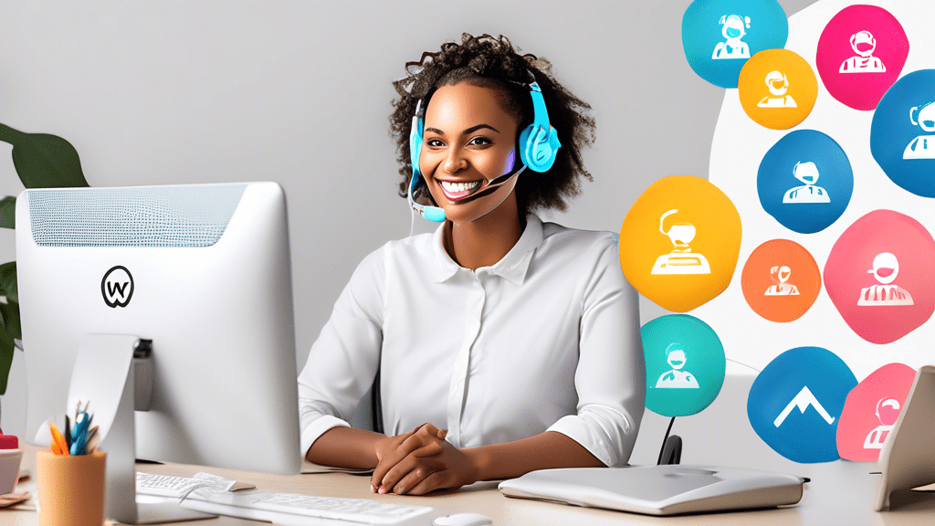 DALL-E Prompt: A friendly and approachable customer support representative sitting at a desk, wearing a headset and smiling while assisting a customer. The representative is surrounded by floating Wix