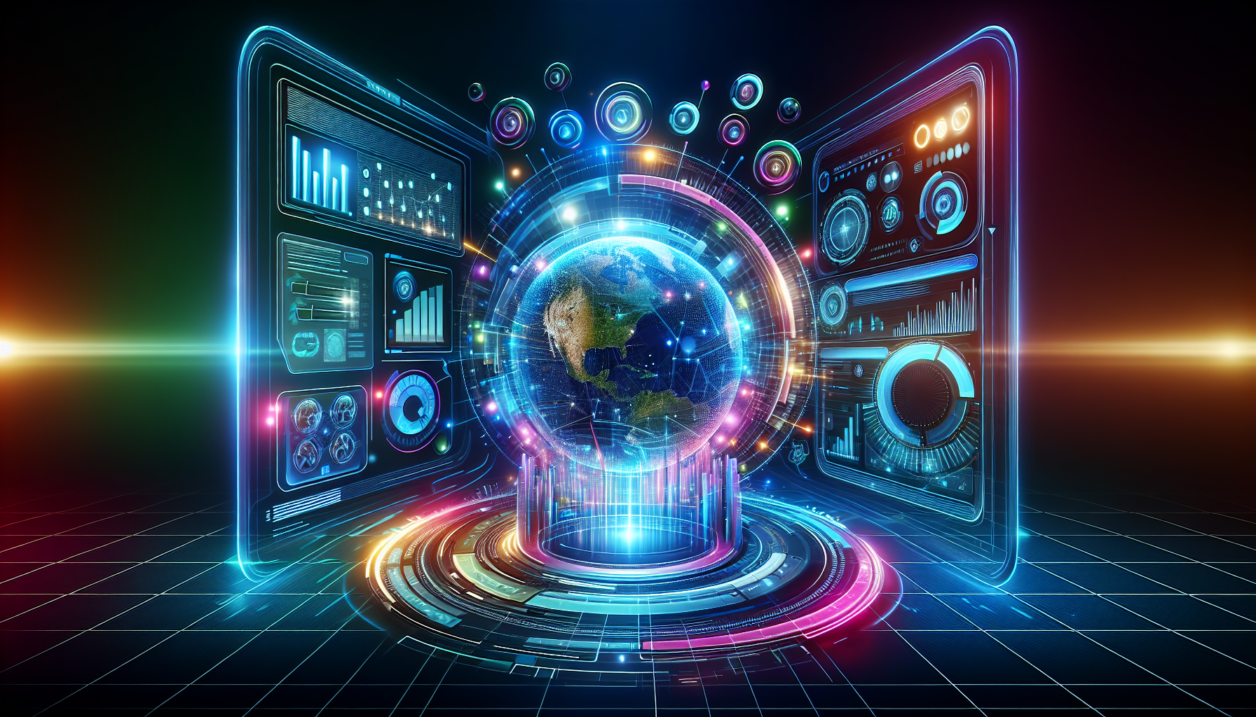 A futuristic dashboard with website analytics, drag-and-drop tools, and design elements floating in a holographic interface.