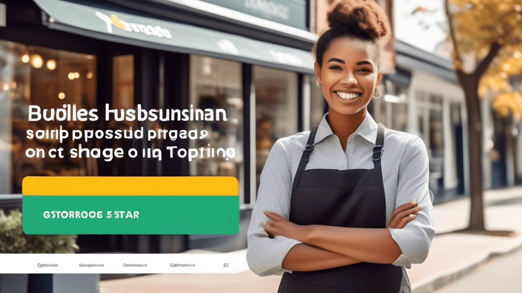 Create a vibrant, professional image of a business owner standing proudly in front of their shop while updating their Google My Business listing on a laptop. Incorporate elements such as a '5-star rev