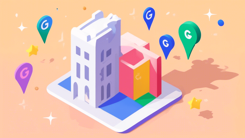 A hand firmly grasping a storefront with the Google Maps pin logo on it, surrounded by floating review stars.