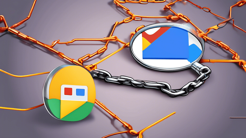 A magnifying glass hovering over a Google Maps location pin with a chain link coming out of it.