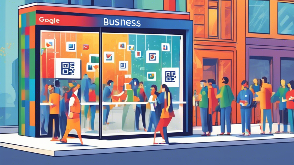 A storefront window with a large Google Business Profile logo and a giant QR code linking to a guide about Google Business Profiles. People are lined up to scan the code with their phones.