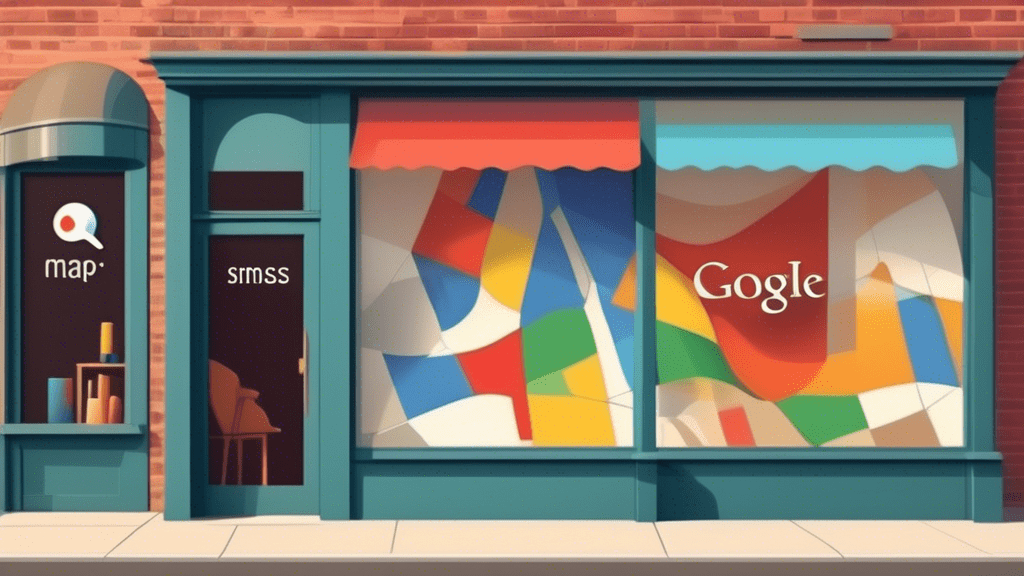 A storefront window with the Google Maps pin logo and text that reads Your Business Name - Website reflecting on the glass.
