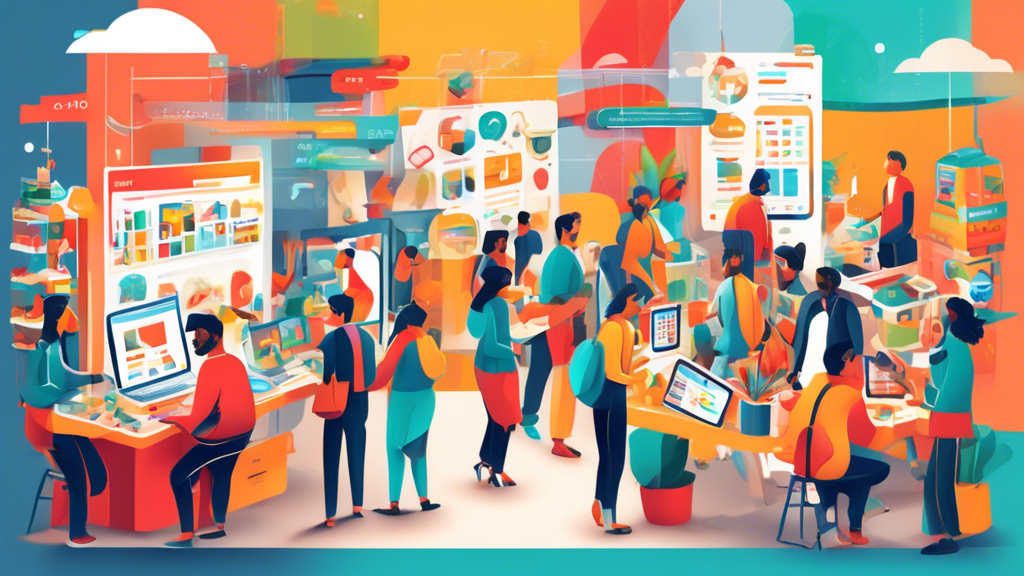 Prompt: A bustling virtual marketplace with various vendor stalls displaying Zoho productivity apps and integrations, as people explore and connect the tools to enhance their workflow and productivity