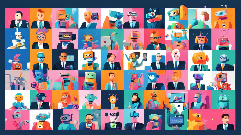 DALL-E prompt: A virtual conference room filled with various cartoon robot avatars, some wearing business attire and others looking more spammy or mischievous, all participating in a chaotic video cal