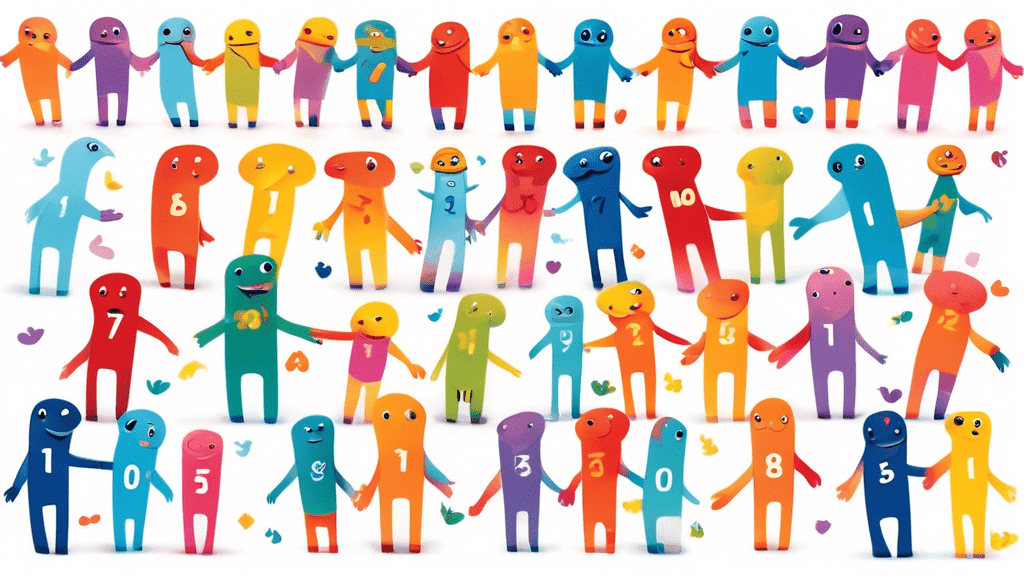 Here is a DALL-E prompt for an image related to the title Count to 10:nnA colorful, playful illustration showing the numbers 1 through 10 as cartoon characters holding hands in a line, each with a dis
