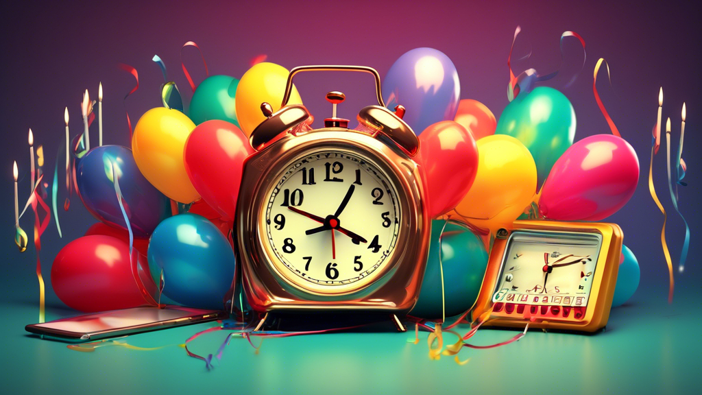 A vintage alarm clock with birthday candles on top, its bells transforming into party balloons, floating in front of a computer login screen.