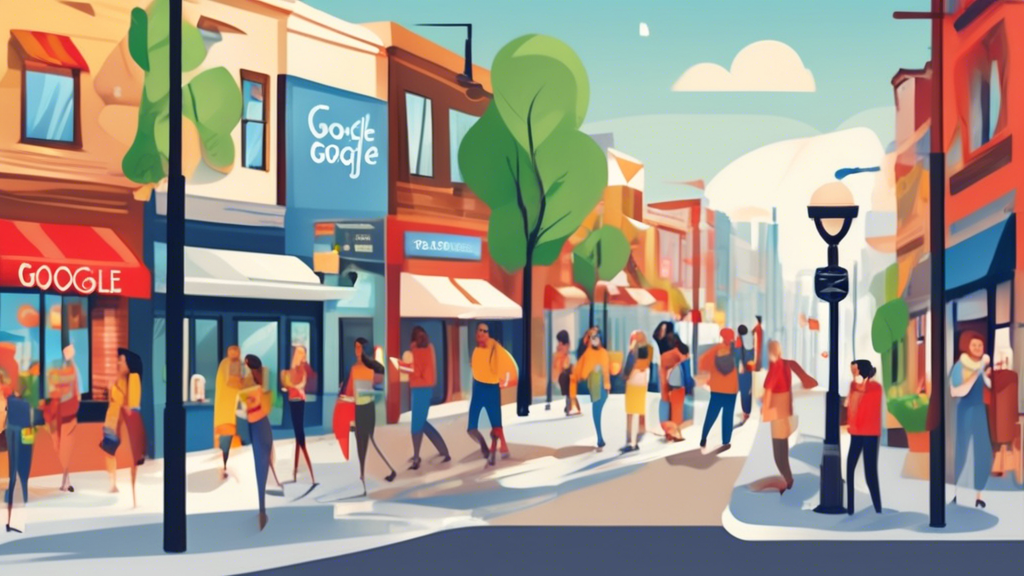 Create a vibrant and modern street scene featuring a variety of local businesses, such as cafes, boutiques, and restaurants, each showcasing Google Local Ads on digital displays. The ads should highli