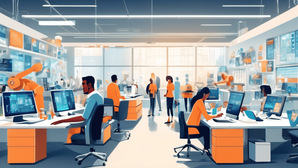 A bustling small business office where employees interact seamlessly with advanced automated tools and robots. Show a smartly designed workspace with digital screens, automated devices, and AI assista