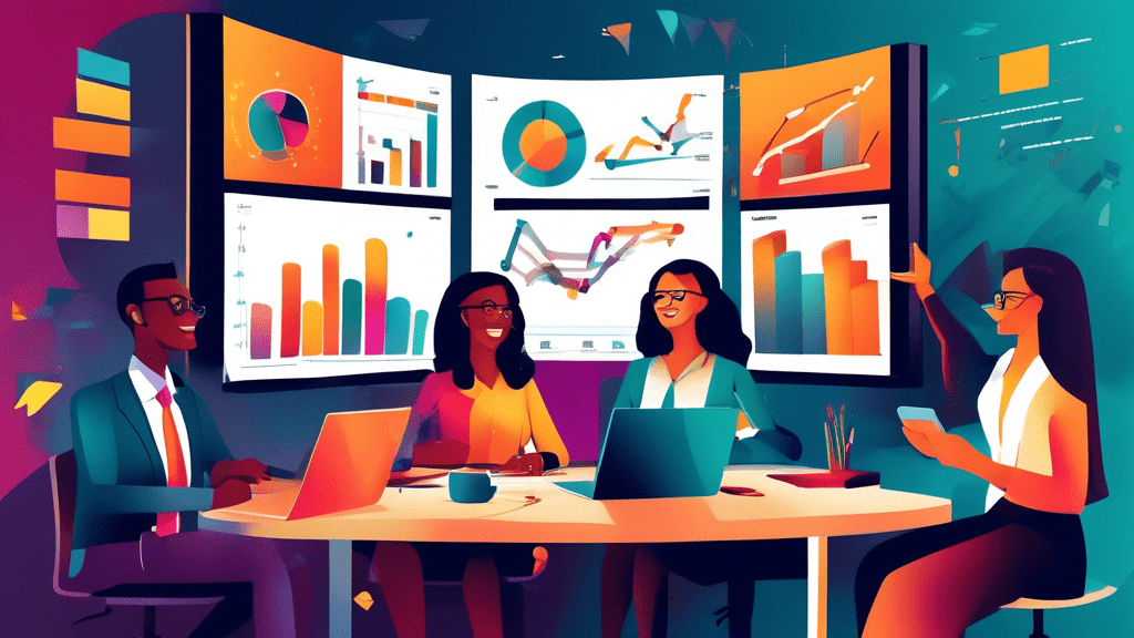 Create an image showing a professional workspace with charts and graphs displayed on computer screens, indicating a significant increase in conversion rates. Include diverse businesspeople in a collab