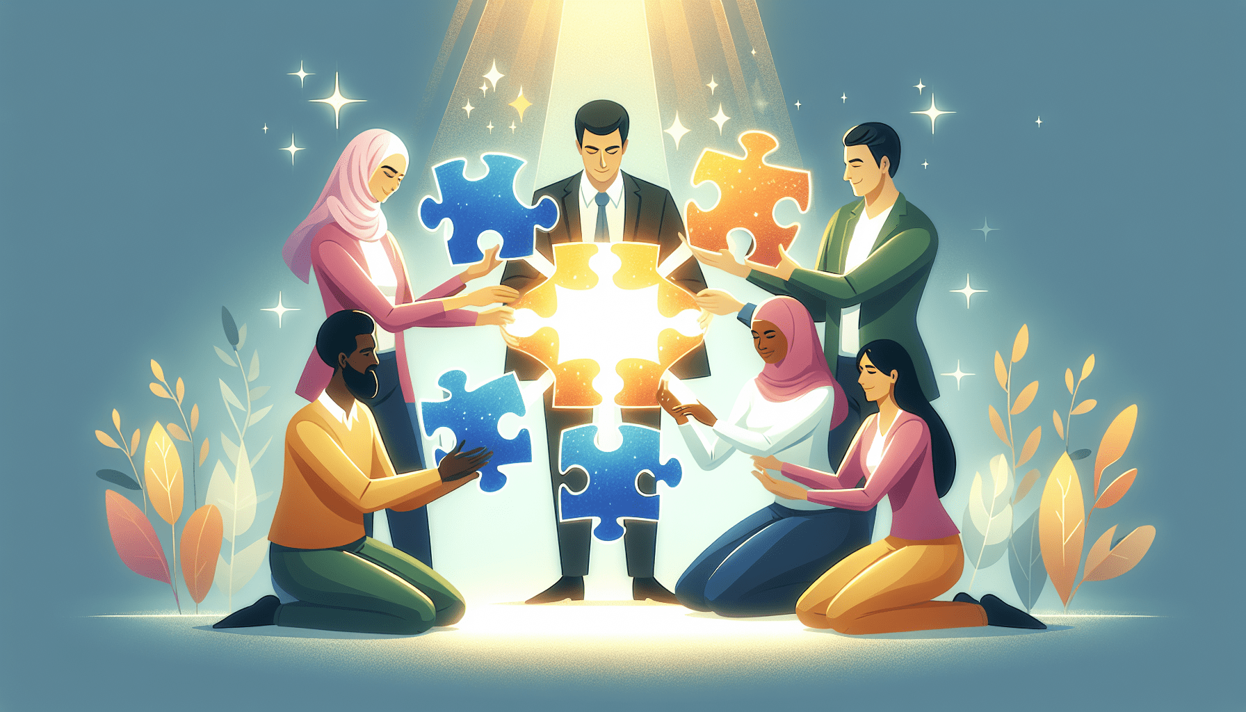 A diverse team of people working together on a puzzle, with glowing puzzle pieces representing breakthroughs and a calm, supportive environment.