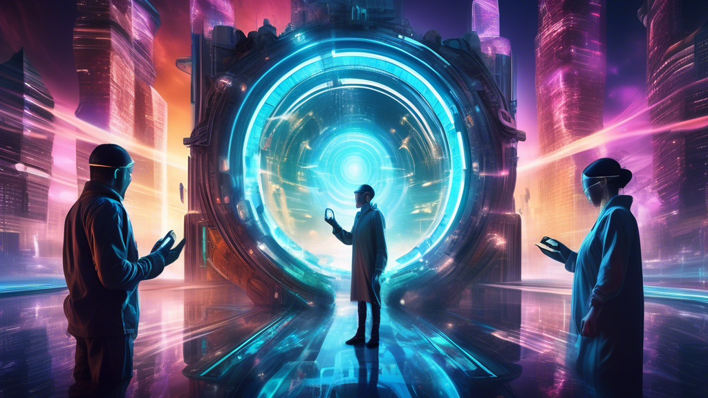 Create a vibrant, surreal image that combines elements of advanced technology and mystical portals. Imagine a futuristic cityscape where skilled individuals expertly manipulate glowing, swirling porta