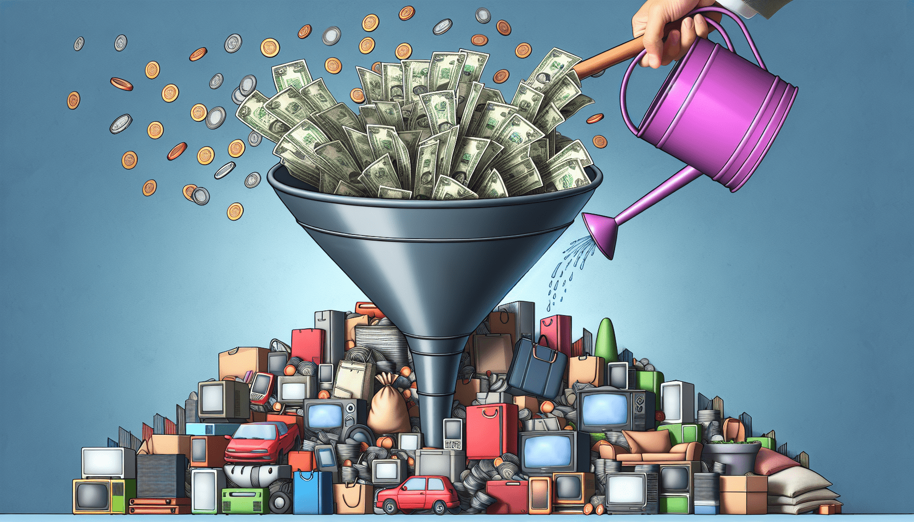 A watering can pouring money into a funnel, with a pile of products growing underneath the funnel opening.