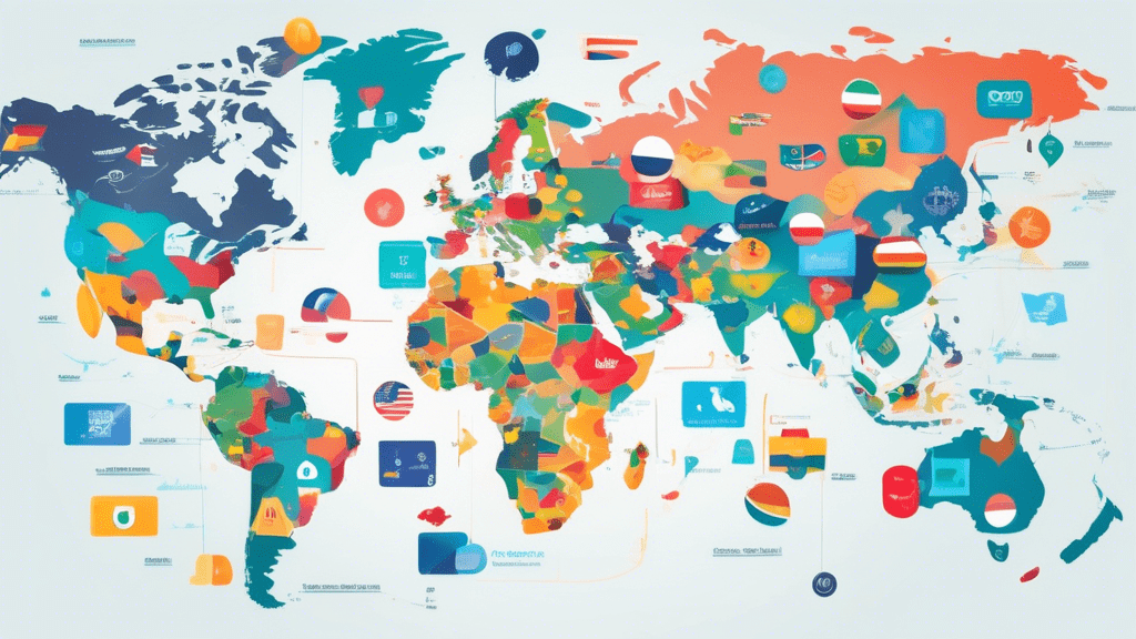 Create an image of a world map with various countries highlighted, representing those that use Stripe for online payments. Incorporate icons like credit cards, smartphones, and online shopping carts o