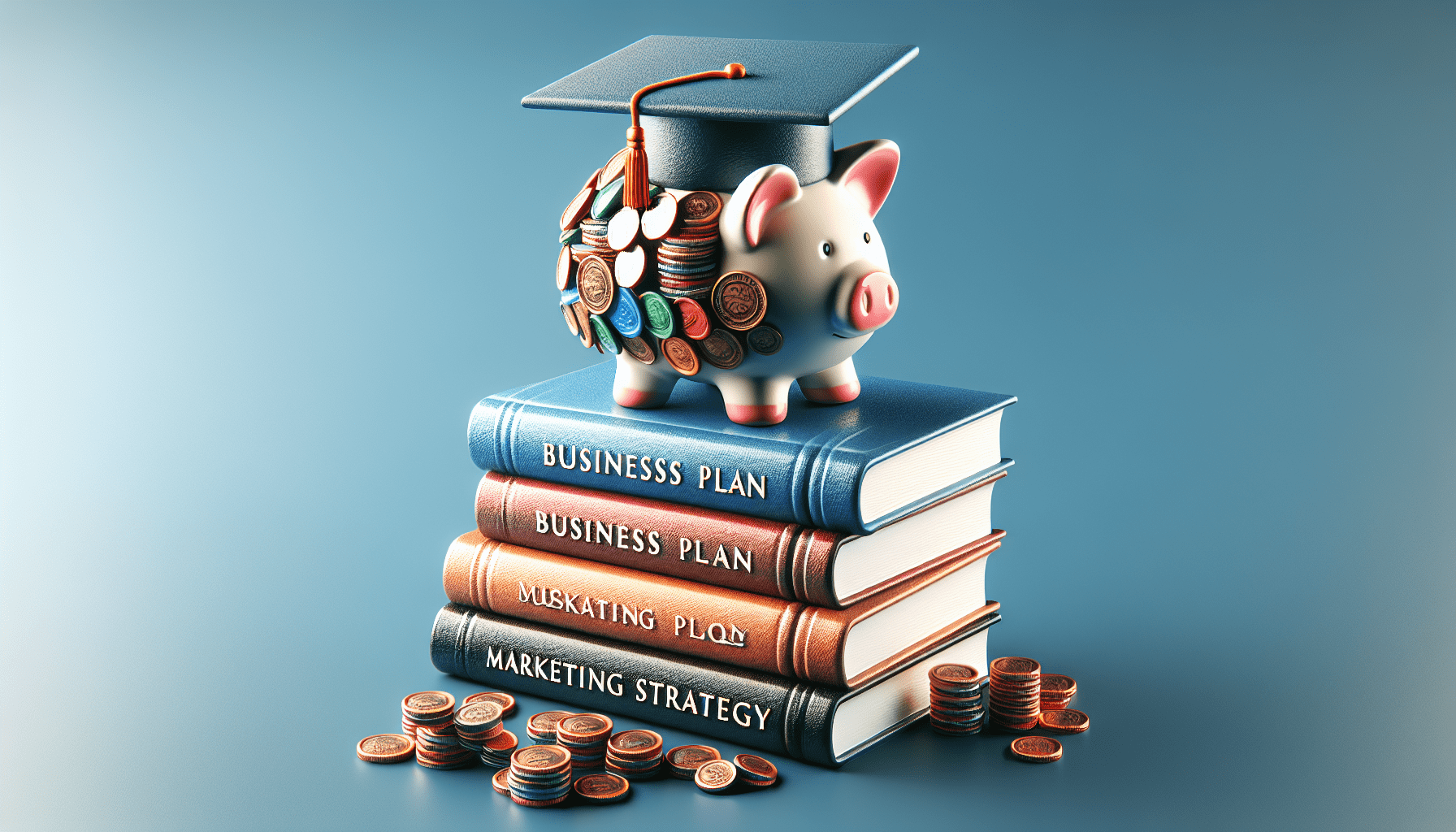 A piggy bank overflowing with coins, wearing a graduation cap and sitting on a stack of books labeled Business Plan and Marketing Strategy.