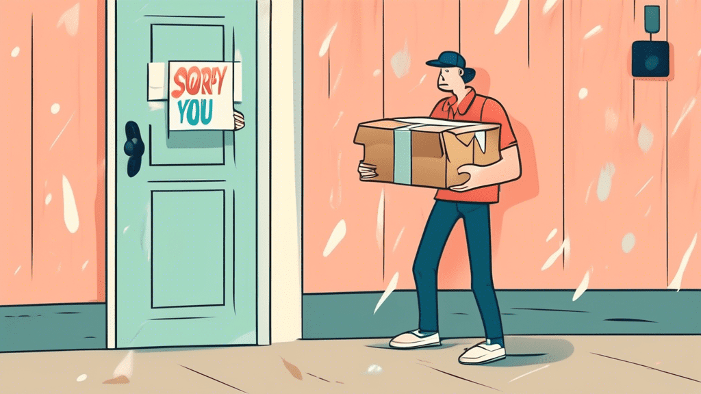 A frustrated delivery person holding a crumpled package in front of a locked door with a Sorry we missed you slip sticking out.