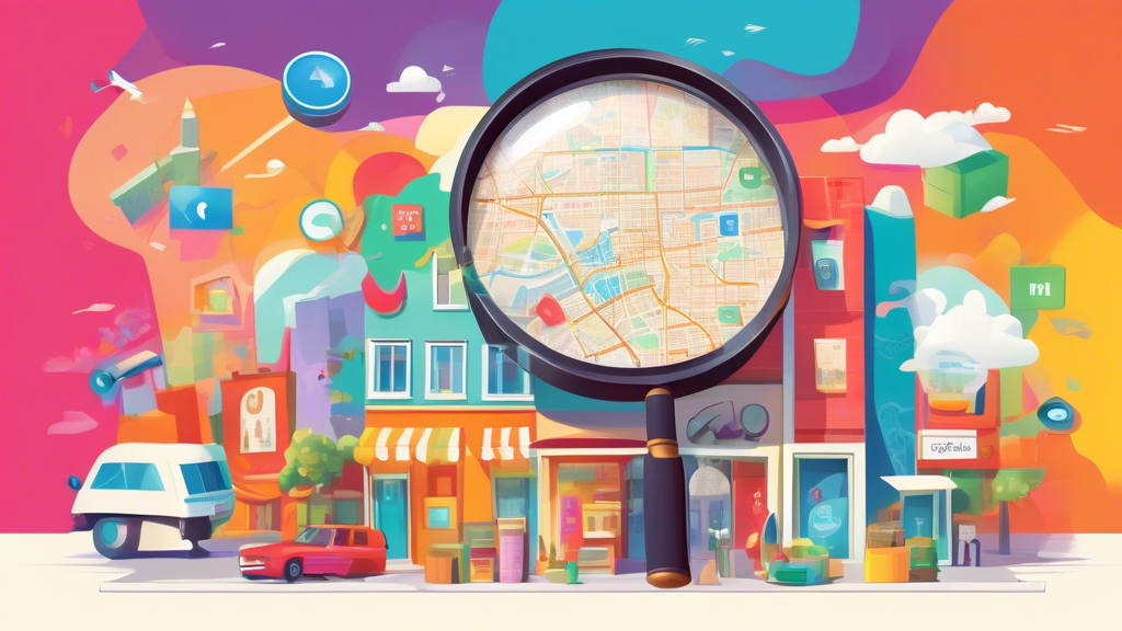 A storefront bursting with colorful products and a giant magnifying glass with the Google logo on it hovering over a map highlighting the local area.