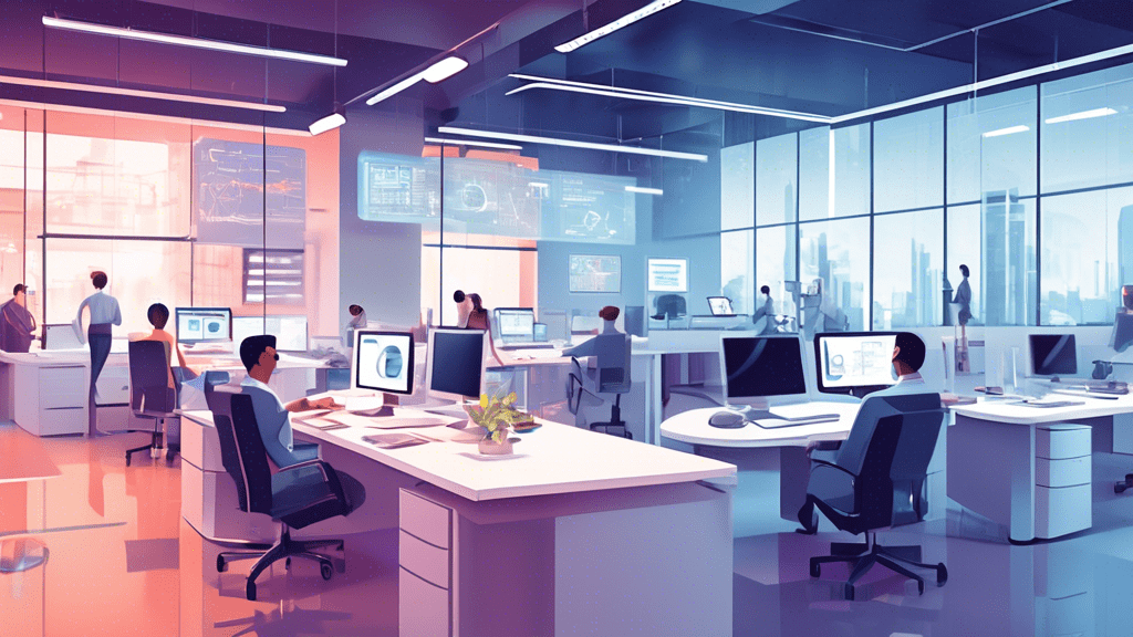 Create a detailed illustration of a modern office environment where automation technologies streamline various business processes. Showcase elements like AI-driven software optimizing workflows, robot