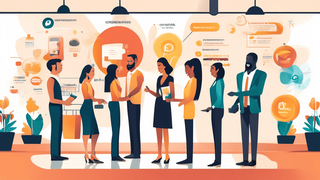 Create an image that visually represents effective customer-centric strategies in the context of business growth. The scene should feature a diverse group of happy customers interacting with attentive