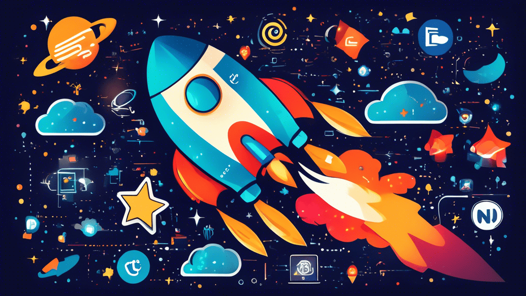 A rocket ship blasting off with Digital Marketing written on the side, surrounded by floating icons of social media, email, and analytics data, set against a backdrop of a starry night sky.