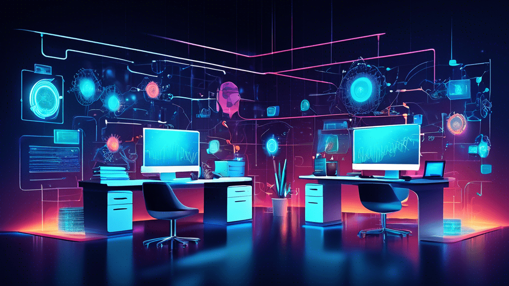 Create an image of a modern office with sleek workstations and various digital devices interconnected with a glowing network. Show automated processes represented by gear icons and flowcharts smoothly