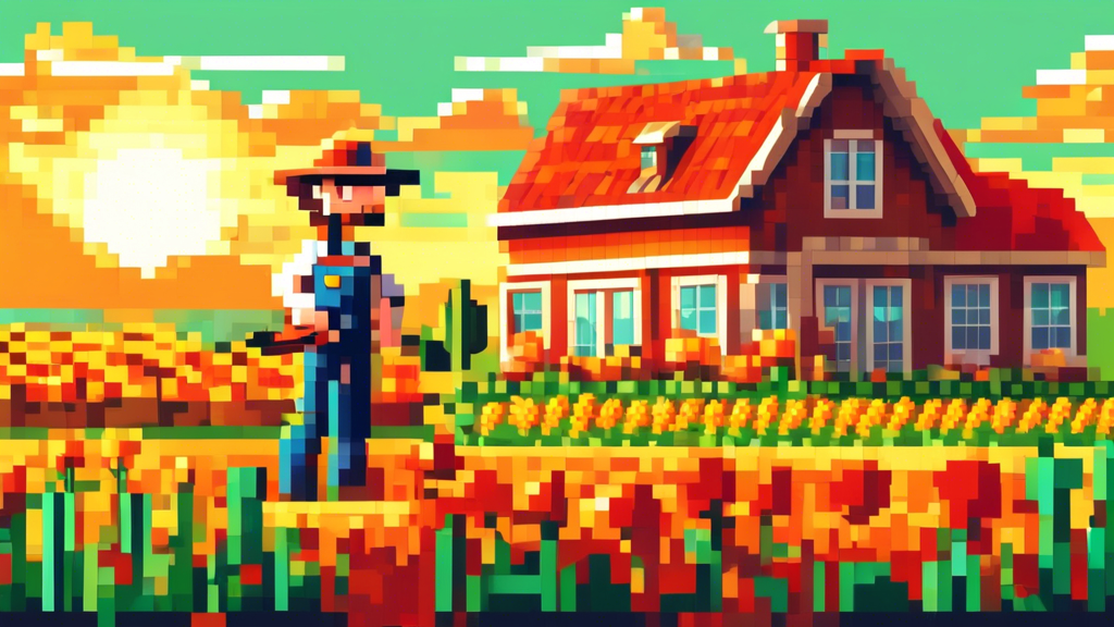 A pixel art farmer tending to crops with a cheerful sun shining overhead and a quaint farmhouse in the background.