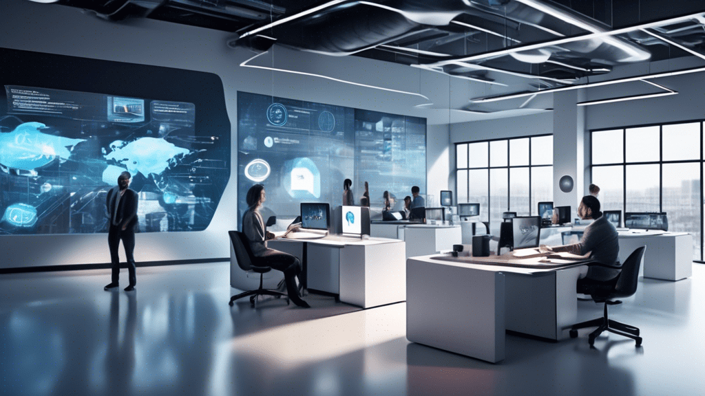 Create a visually striking image of a modern office environment where advanced digital technologies are seamlessly integrated into daily operations. Showcase employees using a mix of cutting-edge devi