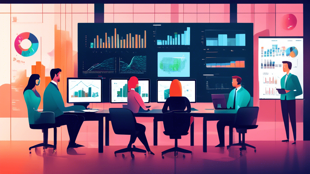 Create an image of a modern office setting with a diverse group of professionals analyzing performance data on large screens and laptops. The data should display various key metrics such as graphs, ch