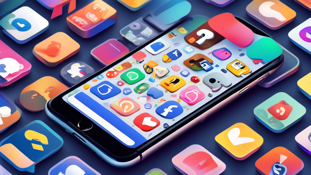A confused cartoon iPhone looking for the Facebook Marketplace icon in a messy digital drawer filled with other app icons.