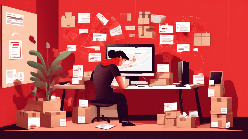 Create a digital illustration of a frustrated person sitting in front of a computer screen showing a delivery tracking page. The page displays a red error message indicating a failed attempt to change