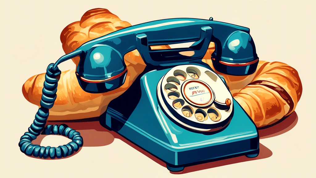 A vintage rotary phone with a baguette resting on top and a croissant in the rotary dial.