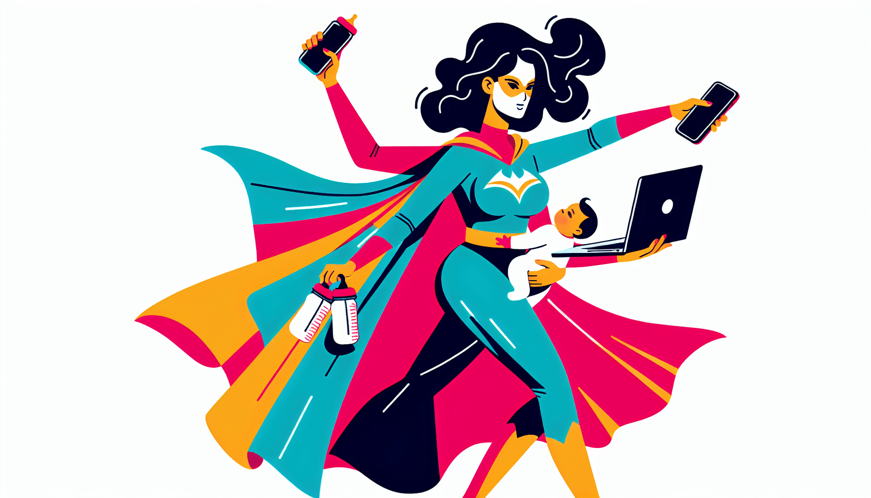 A superhero mom juggling a laptop, phone, and baby bottle, all while wearing a cape that says Mompreneur.