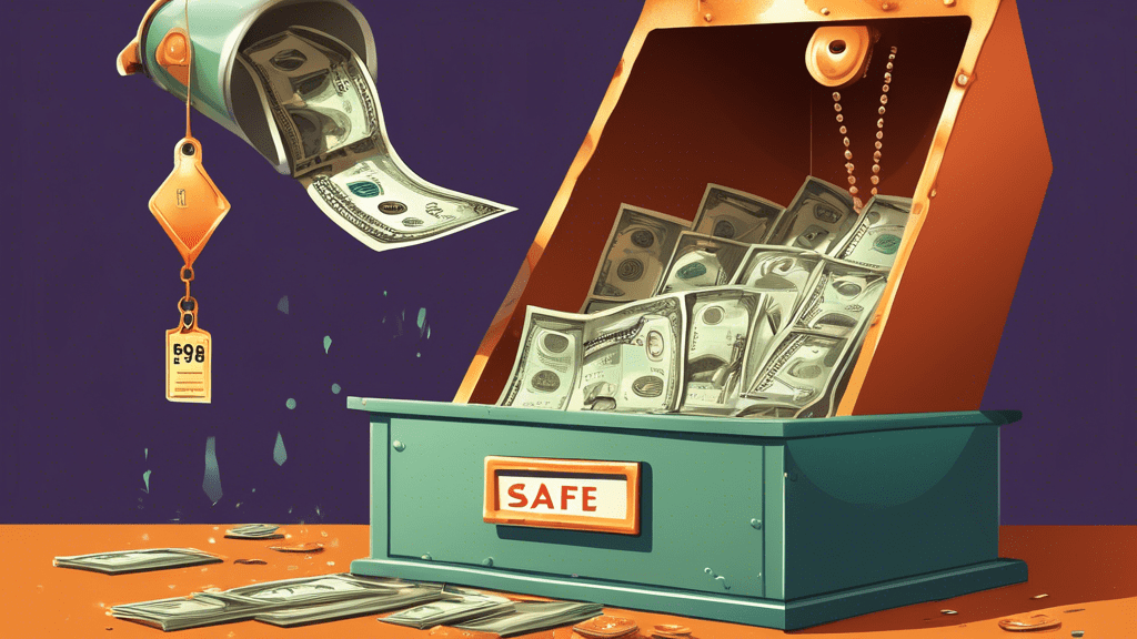 A rusty metal funnel pouring dollar bills into a shiny new safe, with a price tag reading $297 dangling from the funnel's spout.