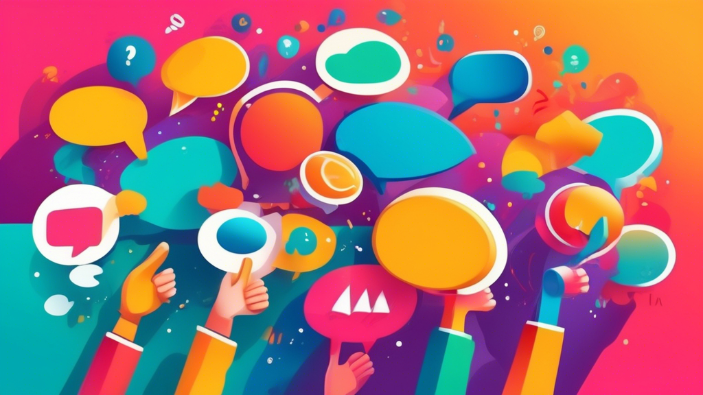 A hand using a colorful megaphone to collect colorful speech bubbles with different emotions and feedback symbols floating in the air.