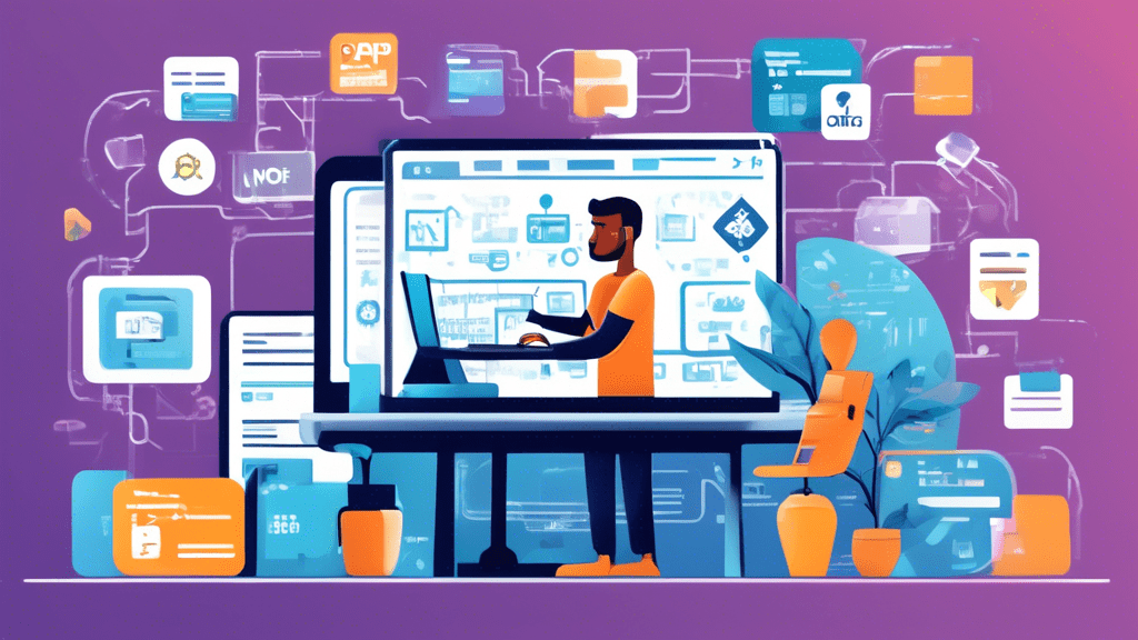 Create a high-tech, modern illustration of a software developer working on a computer, integrating the Authorize.Net API. The monitor displays code snippets and API references. Surround the developer