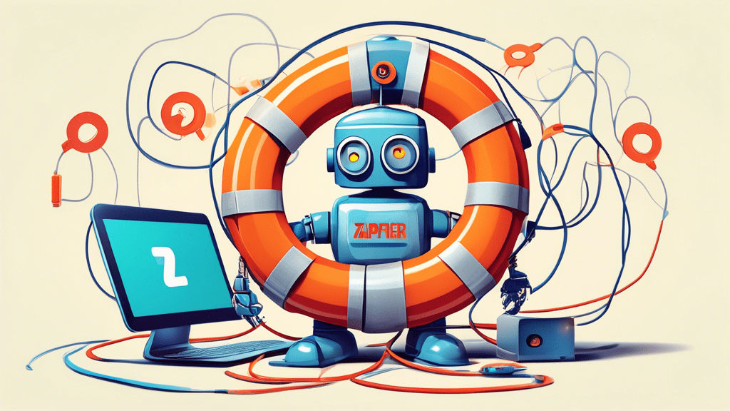 A friendly robot holding a life preserver with the Zapier logo on it, offering it to a confused-looking person surrounded by tangled computer wires.