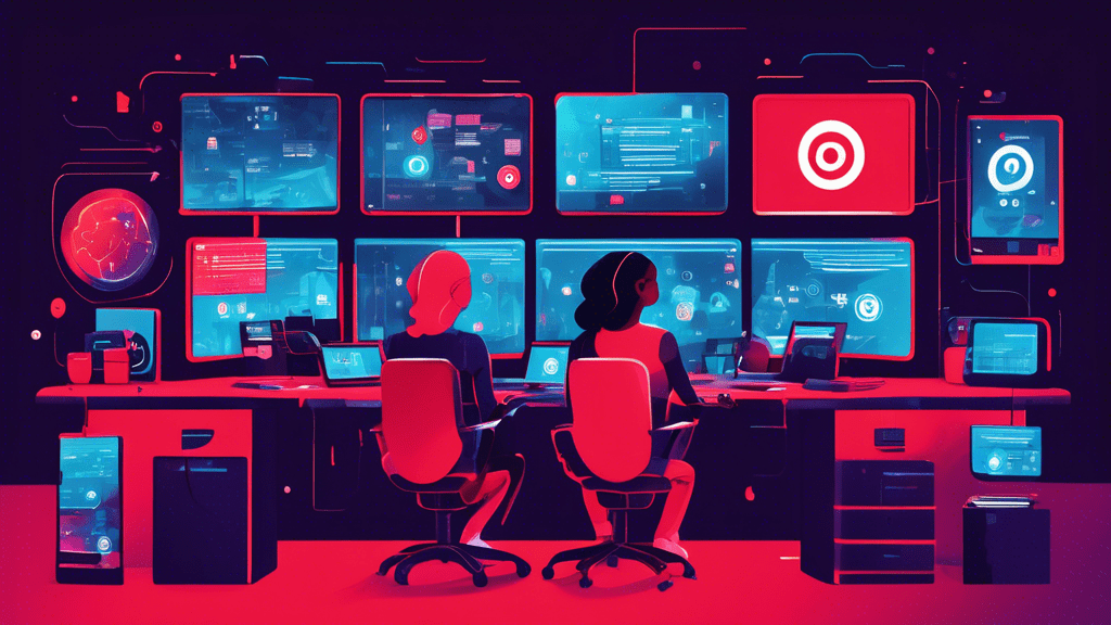Create a vibrant and modern digital illustration of a person sitting at a desk, surrounded by multiple computer monitors displaying the Twilio Console dashboard. Include elements like coding snippets,