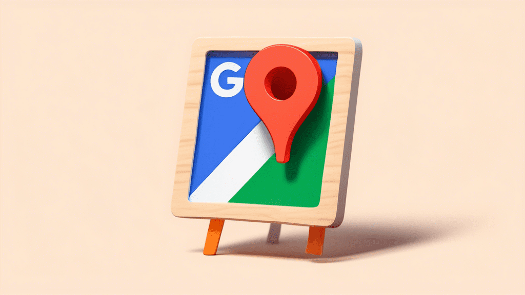 A friendly looking Google Maps pin character struggling to fit its square photo into a Google Business profile picture frame.