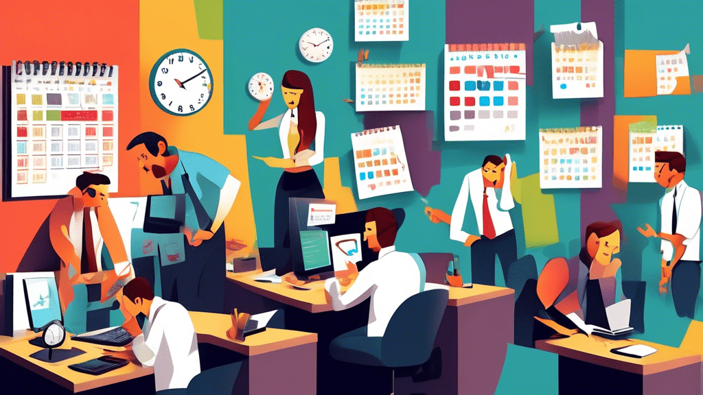 Create an image depicting a busy office environment with frustrated employees, their computer screens displaying a Google Calendar Outage error message. Some of them are looking confused while others