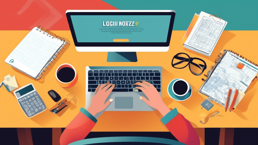 Create an image of a desktop setup with a computer screen displaying the login page of Authorize.Net. The desk has office items such as a notepad, pen, and coffee cup. A person’s hands are shown typin
